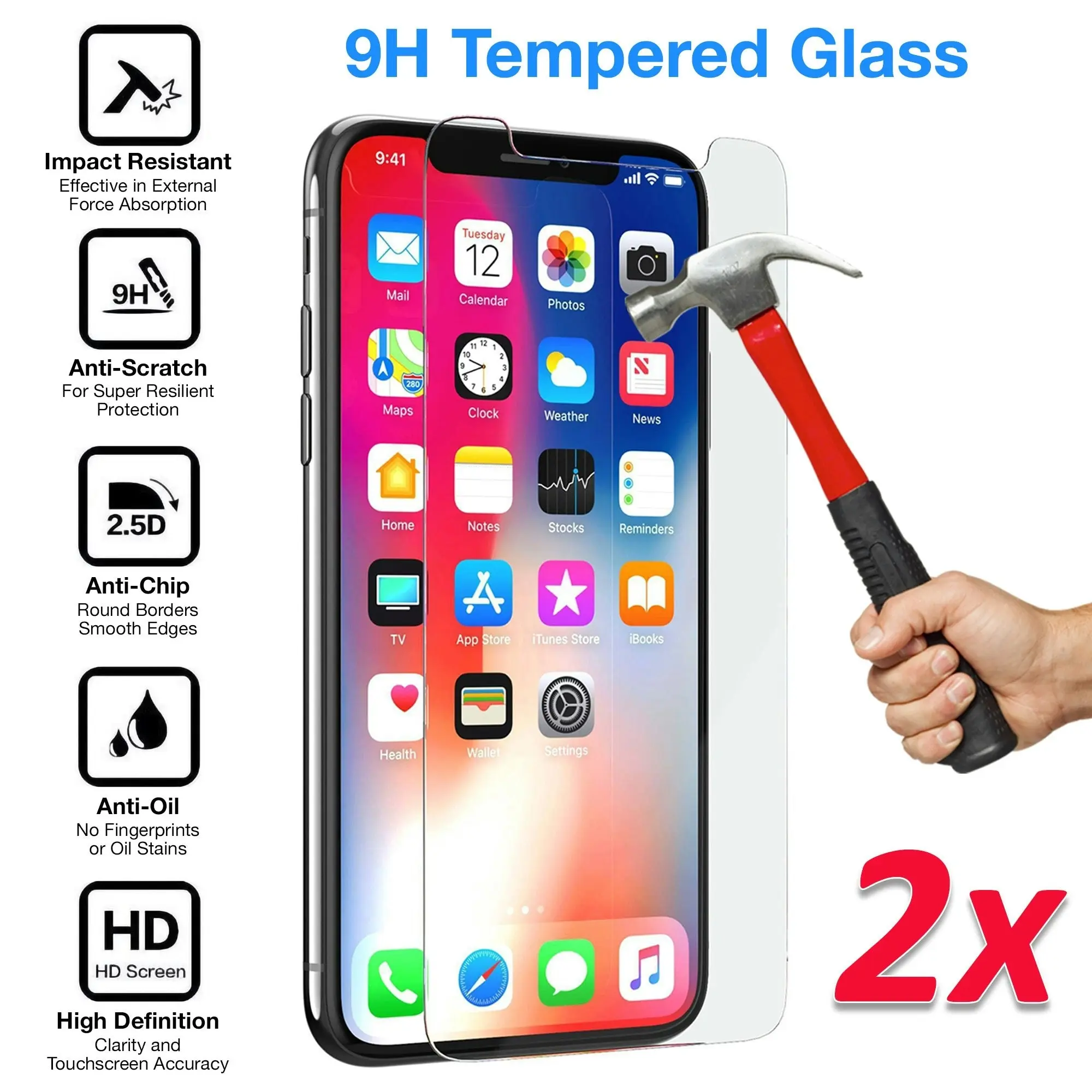 [2 Pack] MEZON Apple iPhone XS (5.8") Tempered Glass Crystal Clear Premium 9H HD Case Friendly Screen Protector (iPhone XS, 9H)