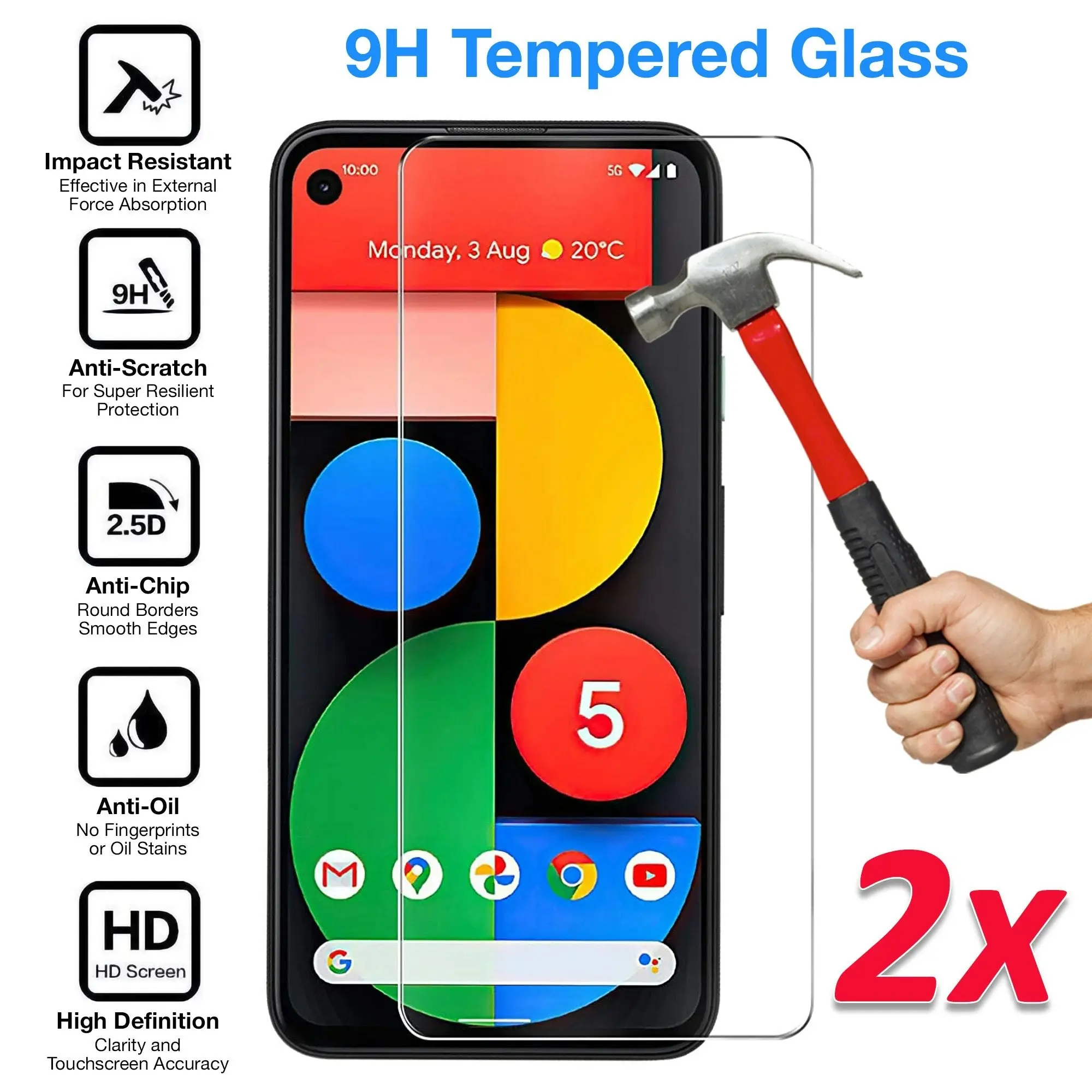 [2 Pack] MEZON Google Pixel 5 (6.0") Tempered Glass Crystal Clear Premium 9H HD Case Friendly Screen Protector (Pixel 5, 9H)