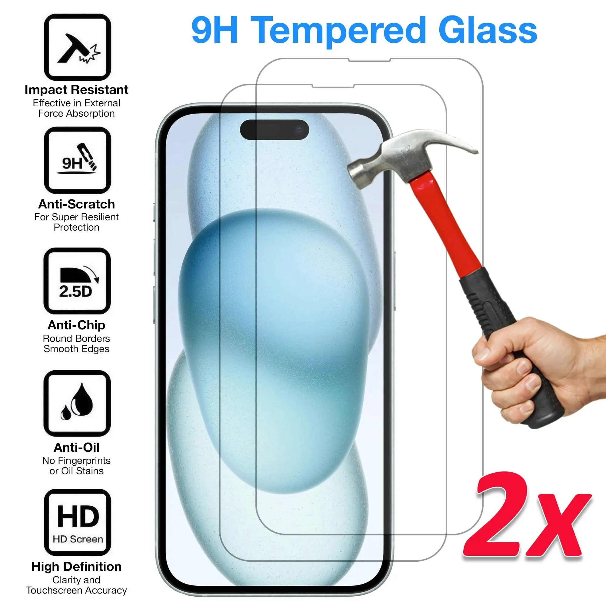 [2 Pack] MEZON Tempered Glass for iPhone 15 (6.1") Crystal Clear Premium 9H HD Case Friendly Screen Protector