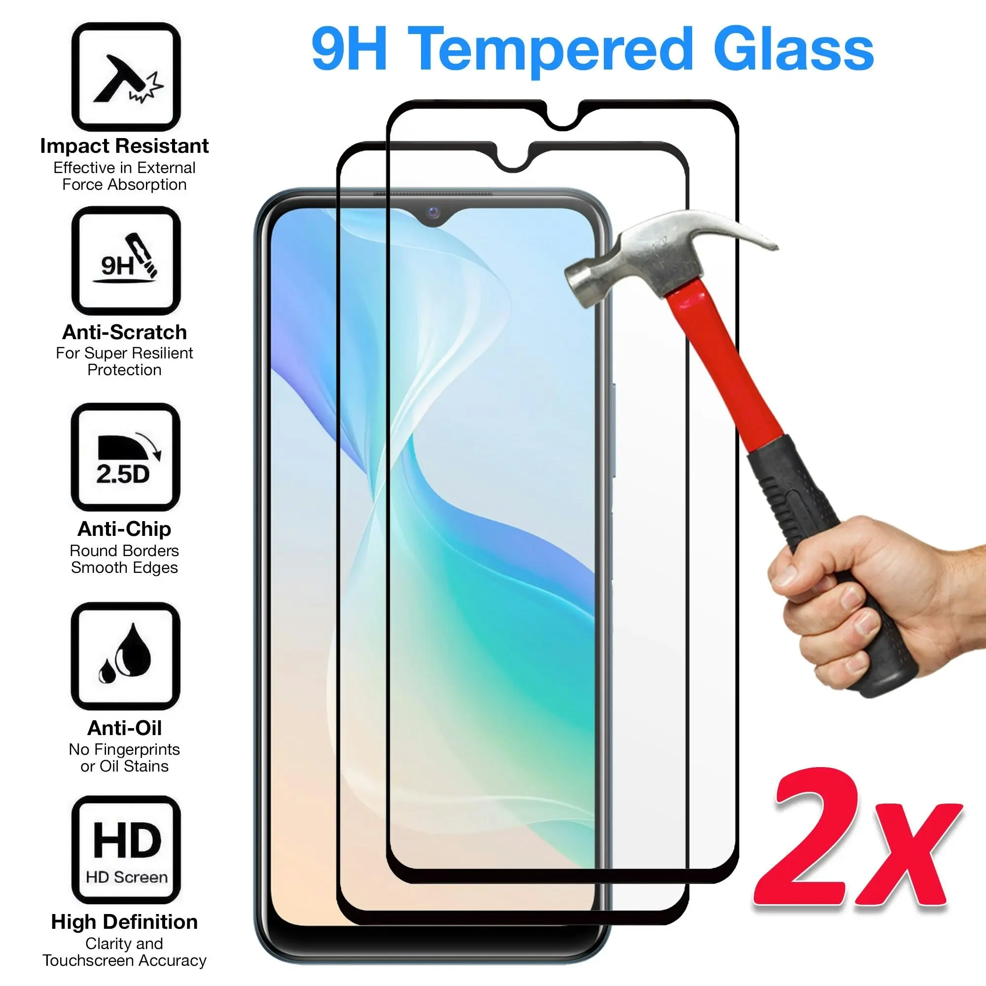 [2 Pack] MEZON Full Coverage Vivo Y21s Tempered Glass Crystal Clear Premium 9H HD Screen Protector (Vivo Y21s, 9H Full)