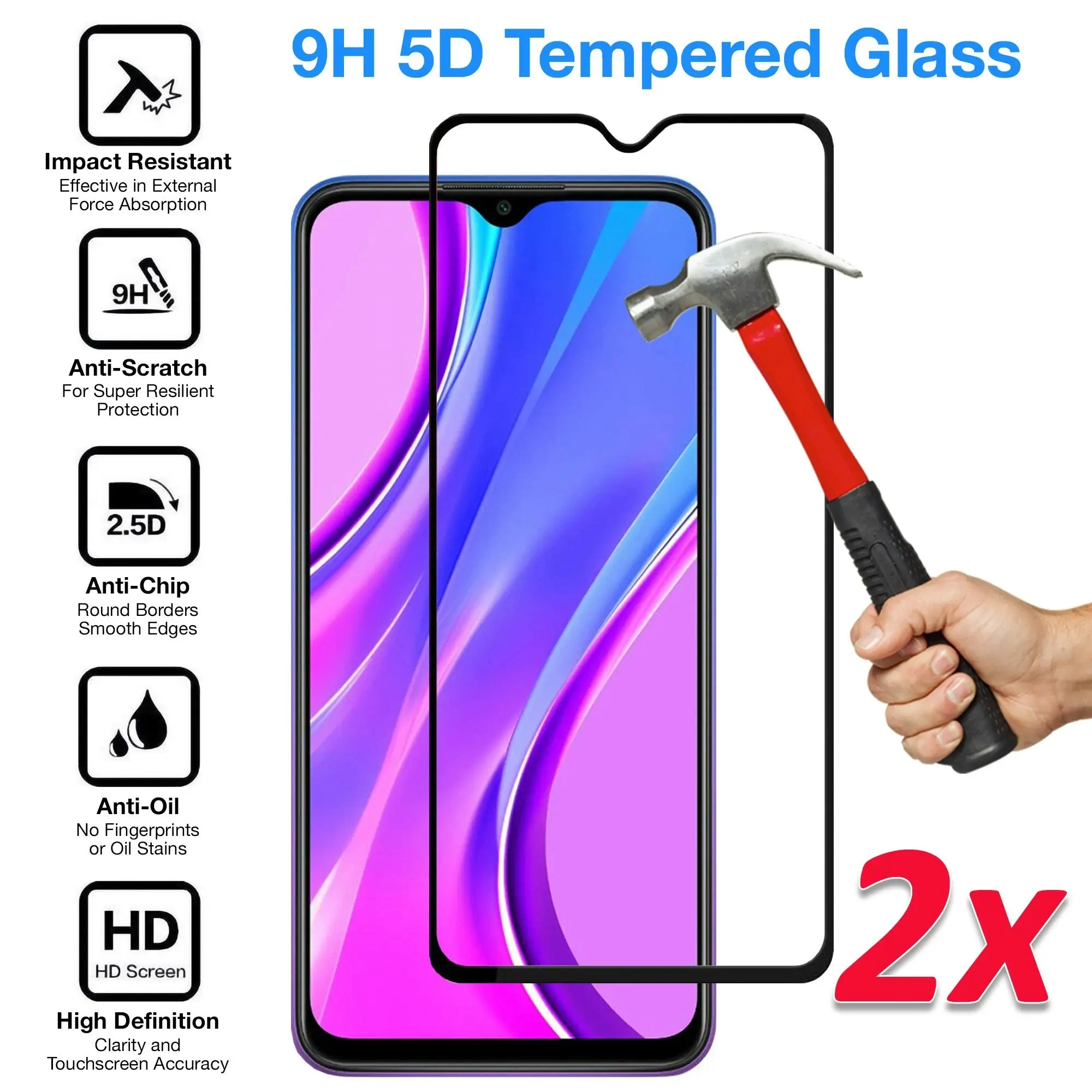 [2 Pack] MEZON Full Coverage Xiaomi Redmi 9T Tempered Glass Crystal Clear Premium 9H HD Screen Protector (Redmi 9T, 9H Full)