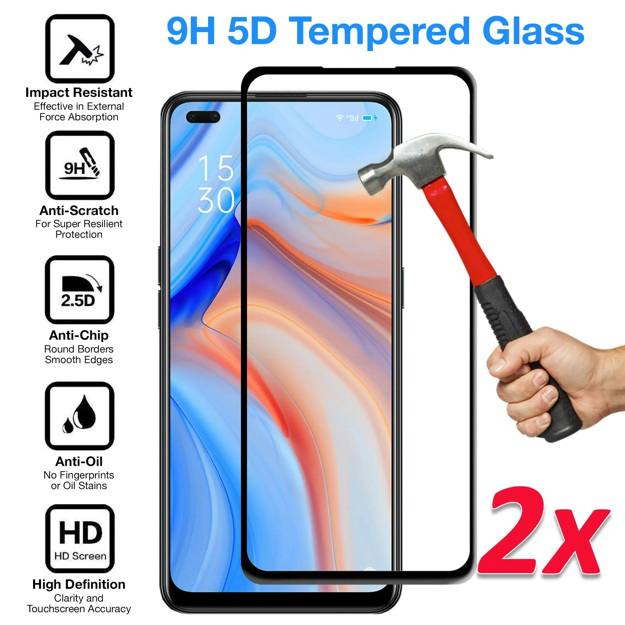 [2 Pack] MEZON Full Coverage OPPO Reno4 5G Tempered Glass Crystal Clear Premium 9H HD Screen Protector (OPPO Reno4 5G, 9H Full)