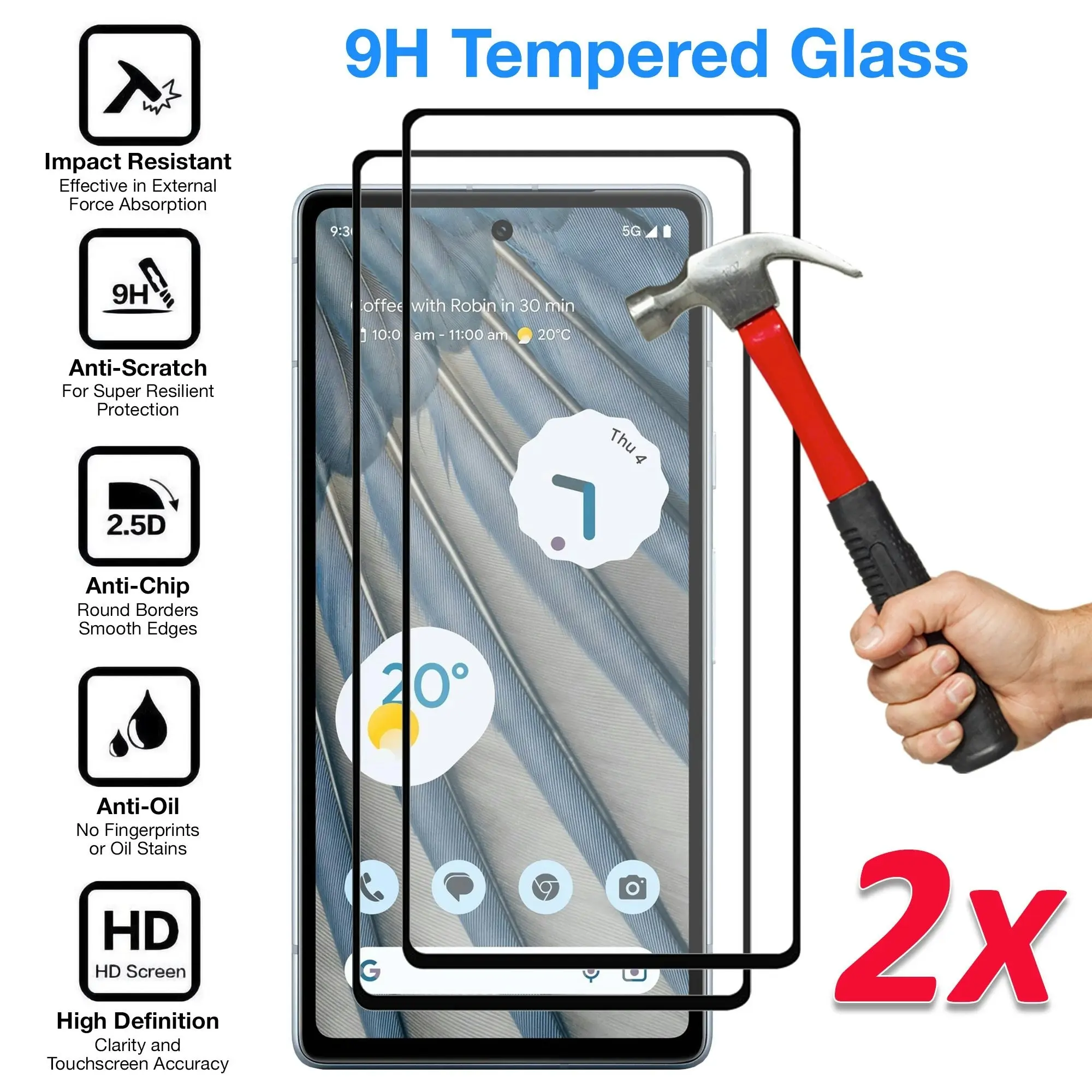 [2 Pack] MEZON Google Pixel 7a (6.1") Tempered Glass Full Coverage Crystal Clear Premium 3D Edge 9H HD Screen Protector