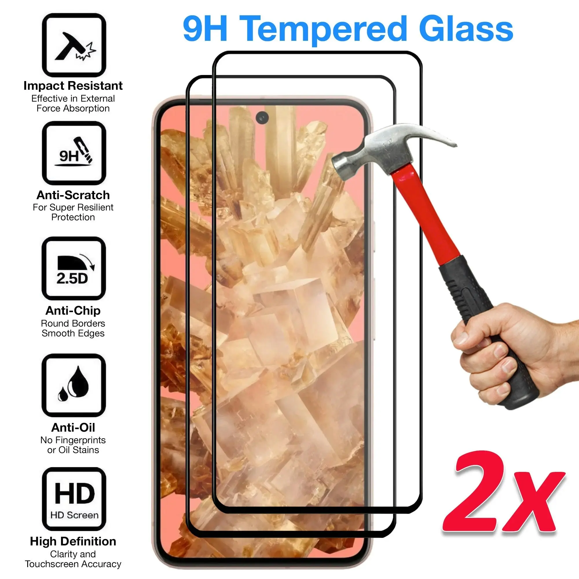 [2 Pack] MEZON Google Pixel 8 (6.2") Tempered Glass Full Coverage Crystal Clear Premium 3D Edge 9H HD Screen Protector