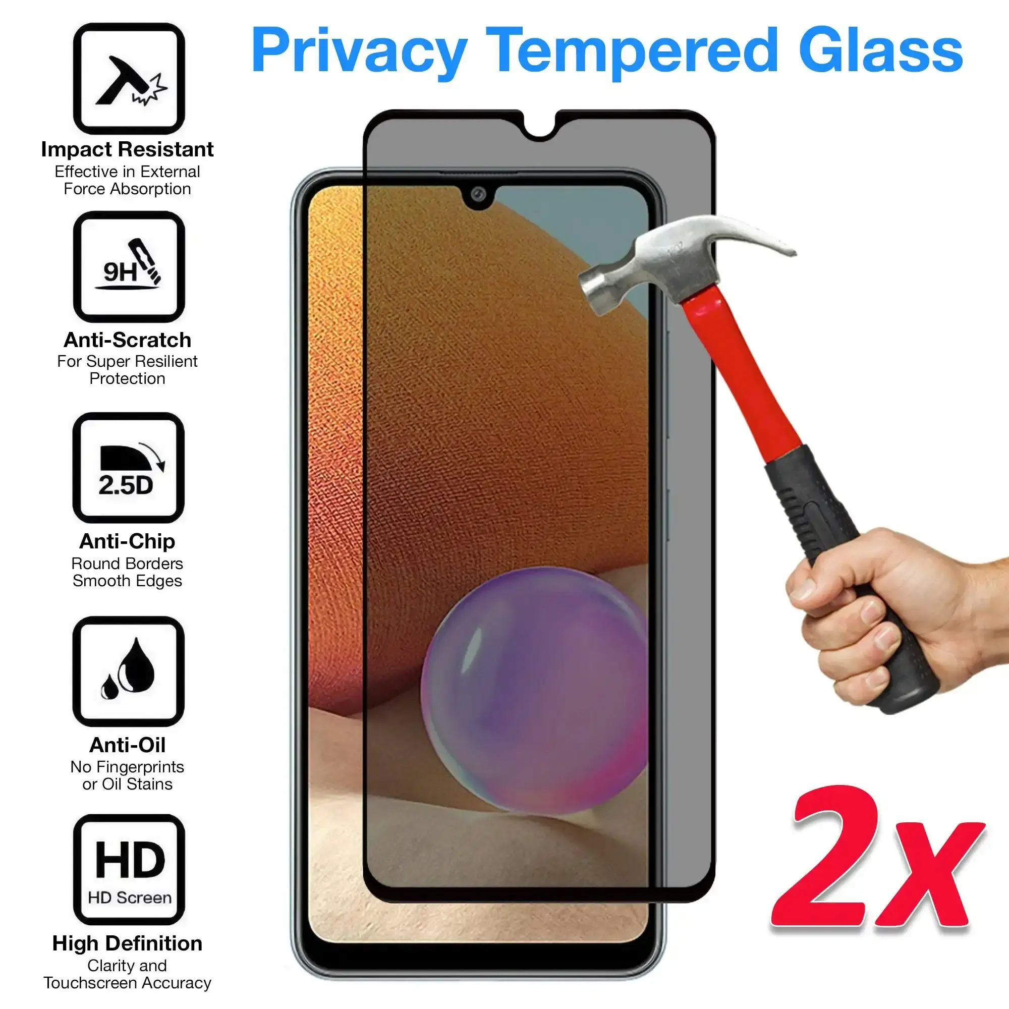 [2 Pack] MEZON Privacy Anti-Spy Full Coverage Samsung Galaxy A32 Tempered Glass Premium 9H HD Screen Protectors