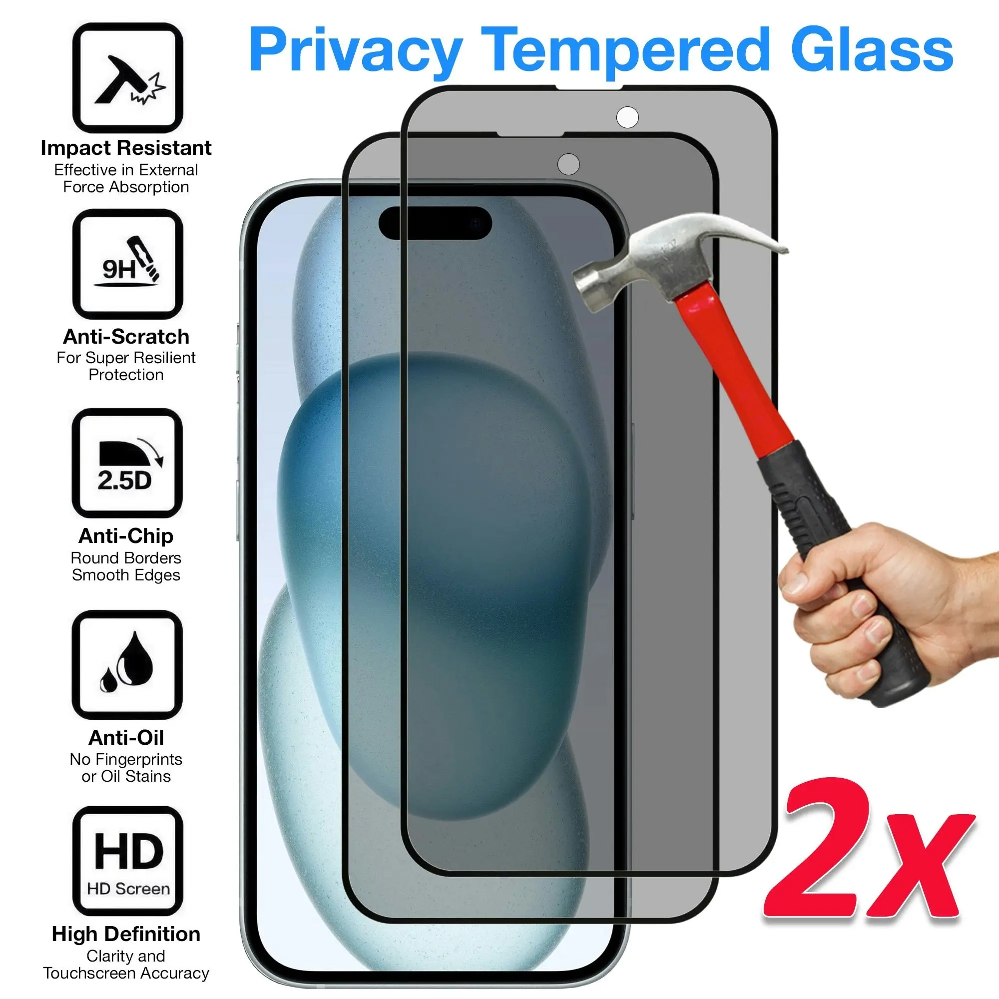 [2 Pack] MEZON Privacy Anti-Spy Full Coverage iPhone 15 Plus (6.7") Tempered Glass Premium 9H HD Screen Protectors