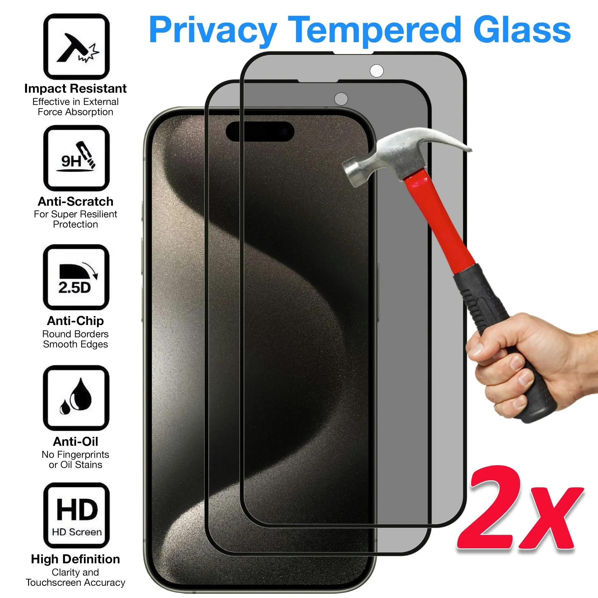 [2 Pack] MEZON Privacy Anti-Spy Full Coverage iPhone 15 Pro (6.1") Tempered Glass Premium 9H HD Screen Protectors