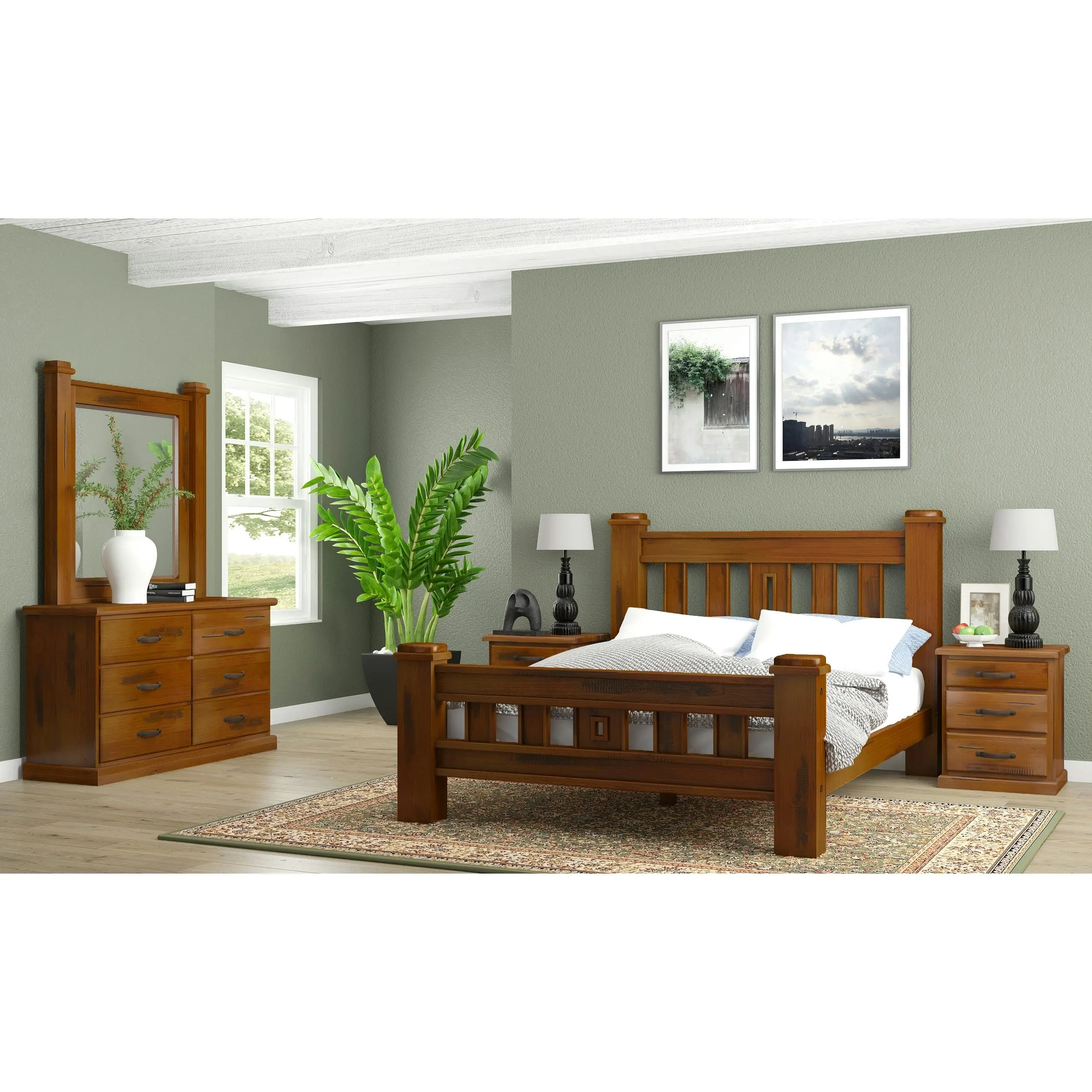 Umber 4pc Queen Bed Frame Bedside Tallboy Suite