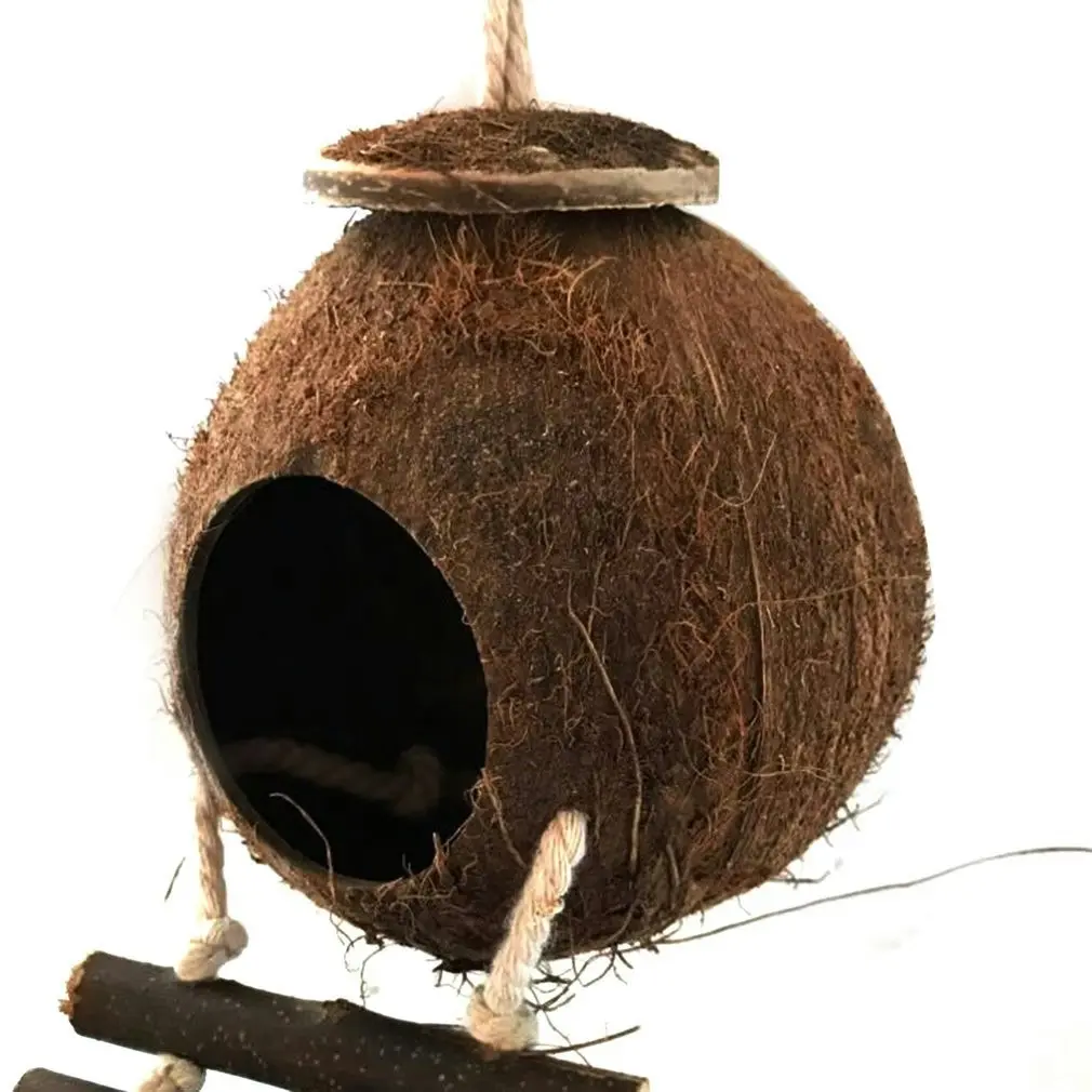 Natural Coconut Shell Small Bird Nesting House with Ladder Toy