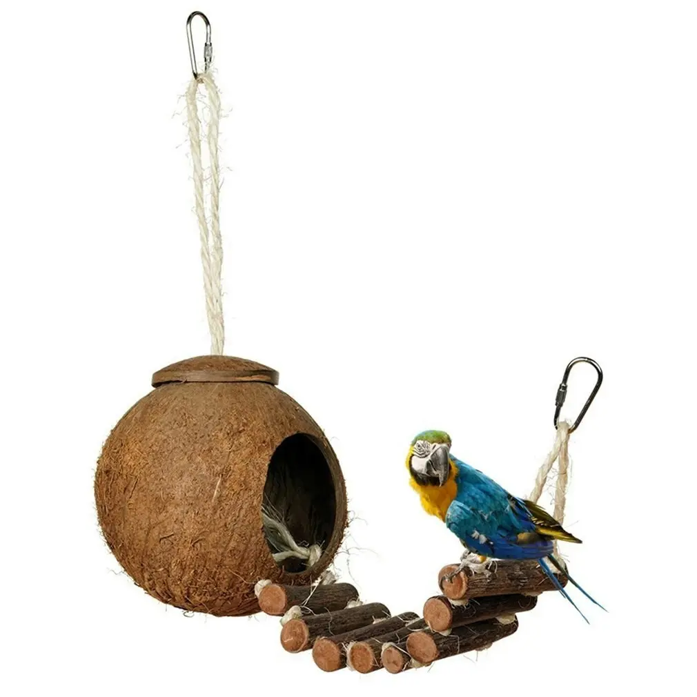 Natural Coconut Shell Small Bird Nesting House with Ladder Toy