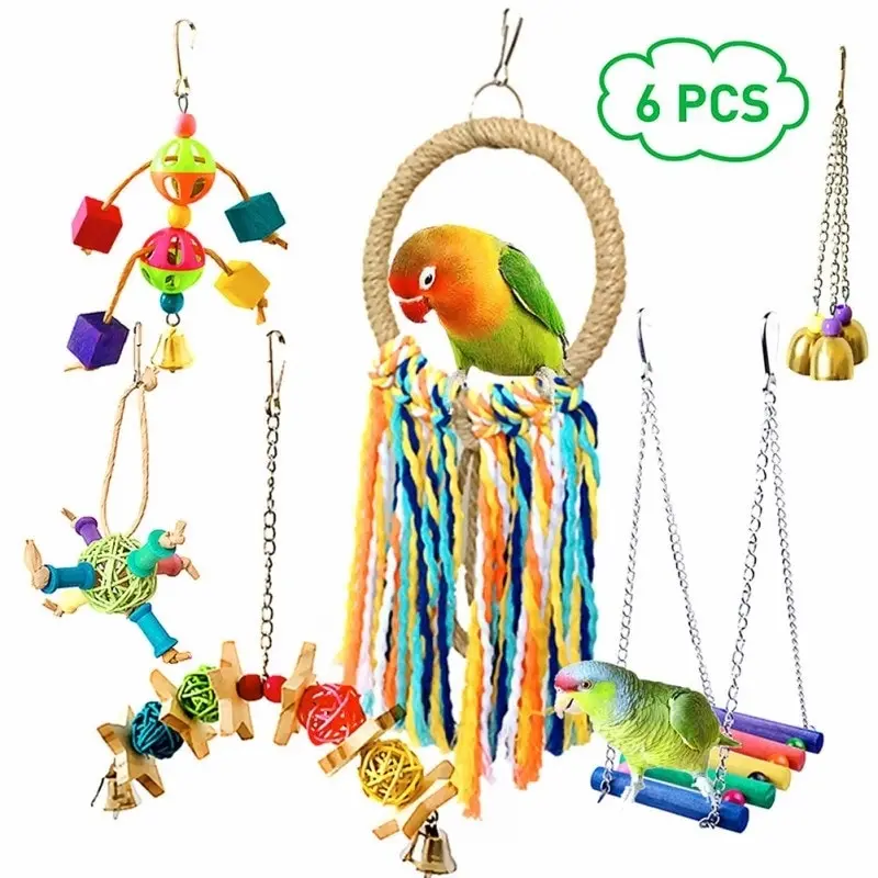 Value buy 6pc combo bird toys, swing, ring, bell + chew toys