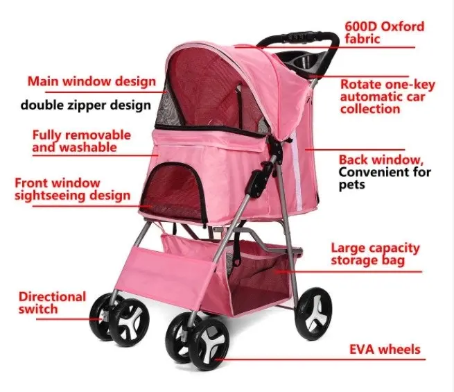 Foldable Pet Dog Carrier Stroller with Rain Proof Cover, 3 colors