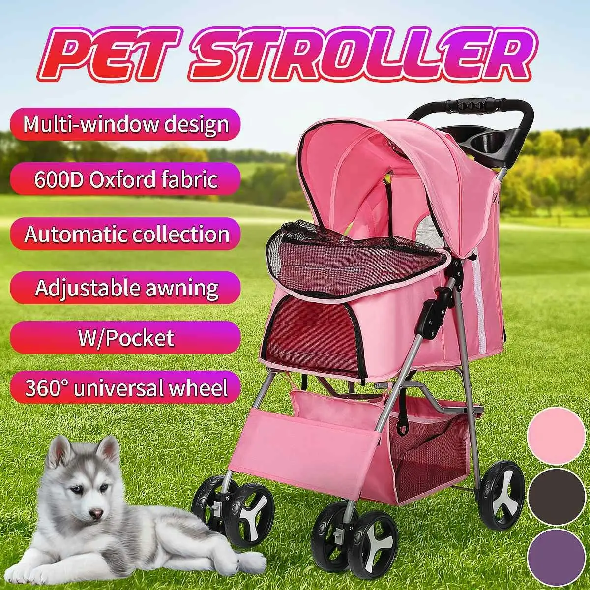 Foldable Pet Dog Carrier Stroller with Rain Proof Cover, 3 colors