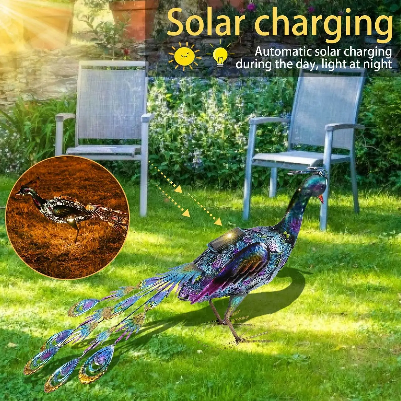 60cm Metal Solar Peacock Statue Garden Decoration