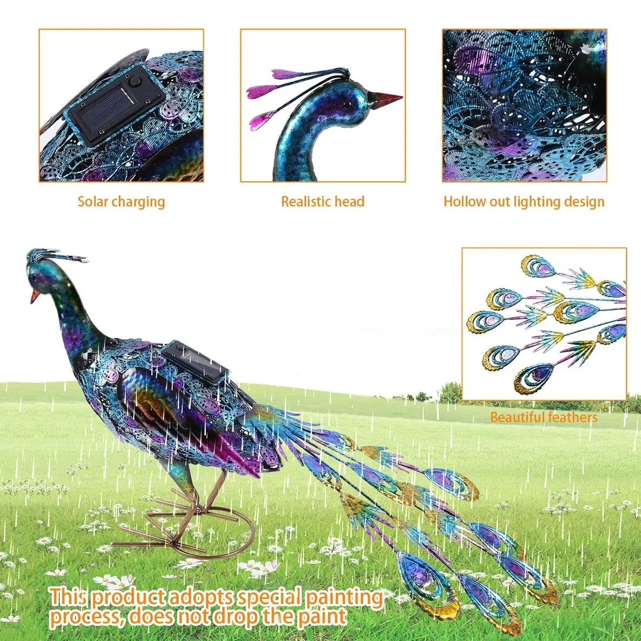 60cm Metal Solar Peacock Statue Garden Decoration