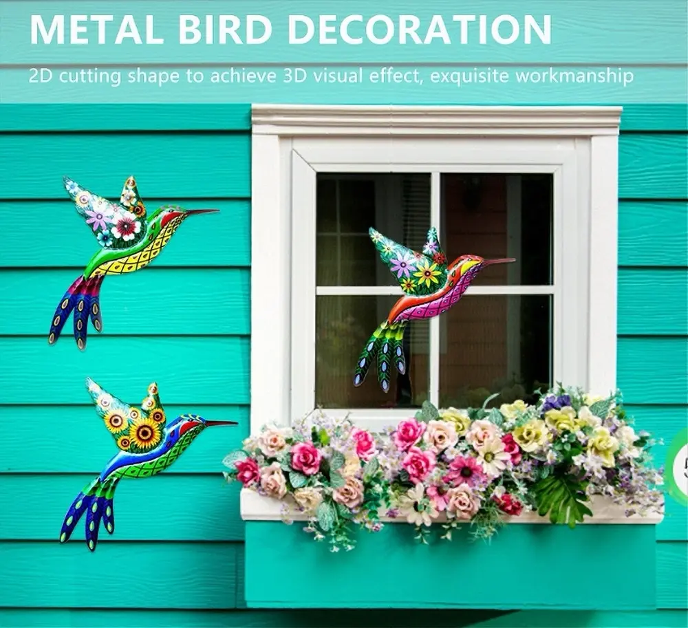 4pcs Metal Bird Hummingbird Hanging Garden Wall Art Decor