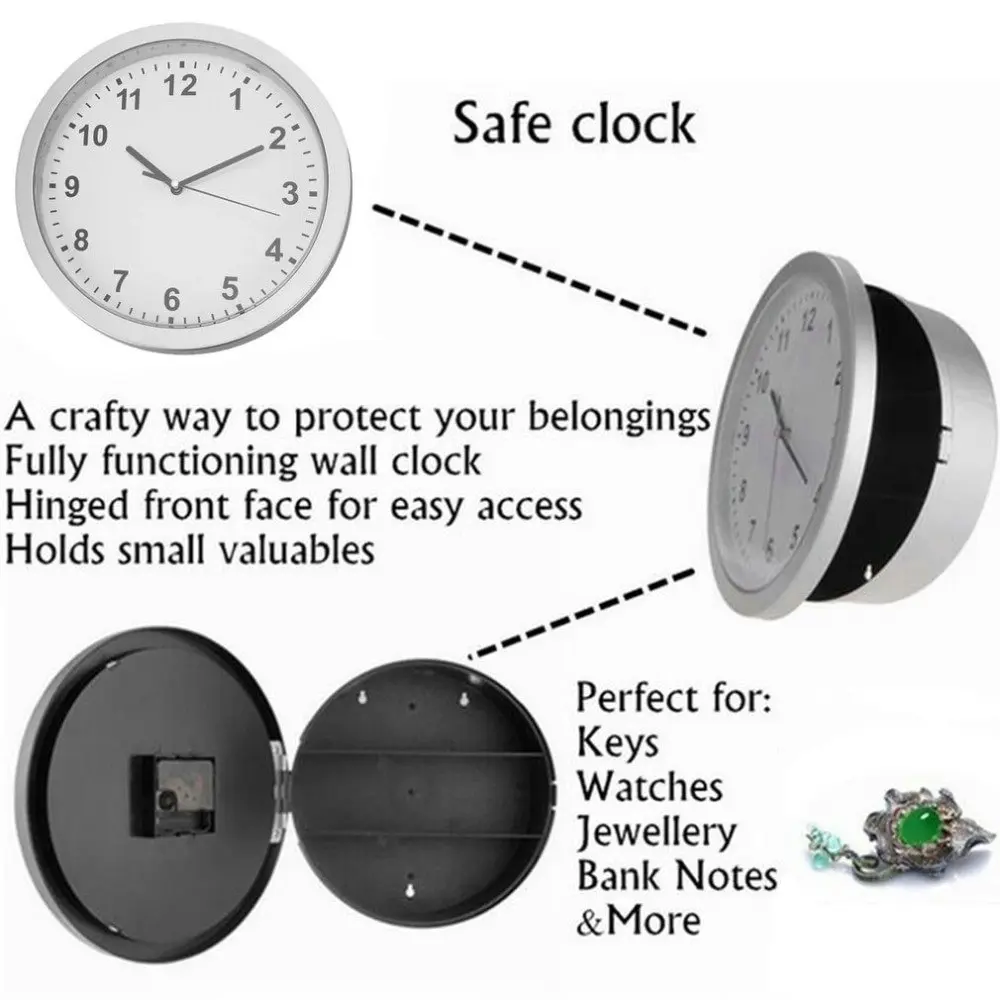 Wall Clock Safe for Valuables. Ideal for jewellery, money, keys.