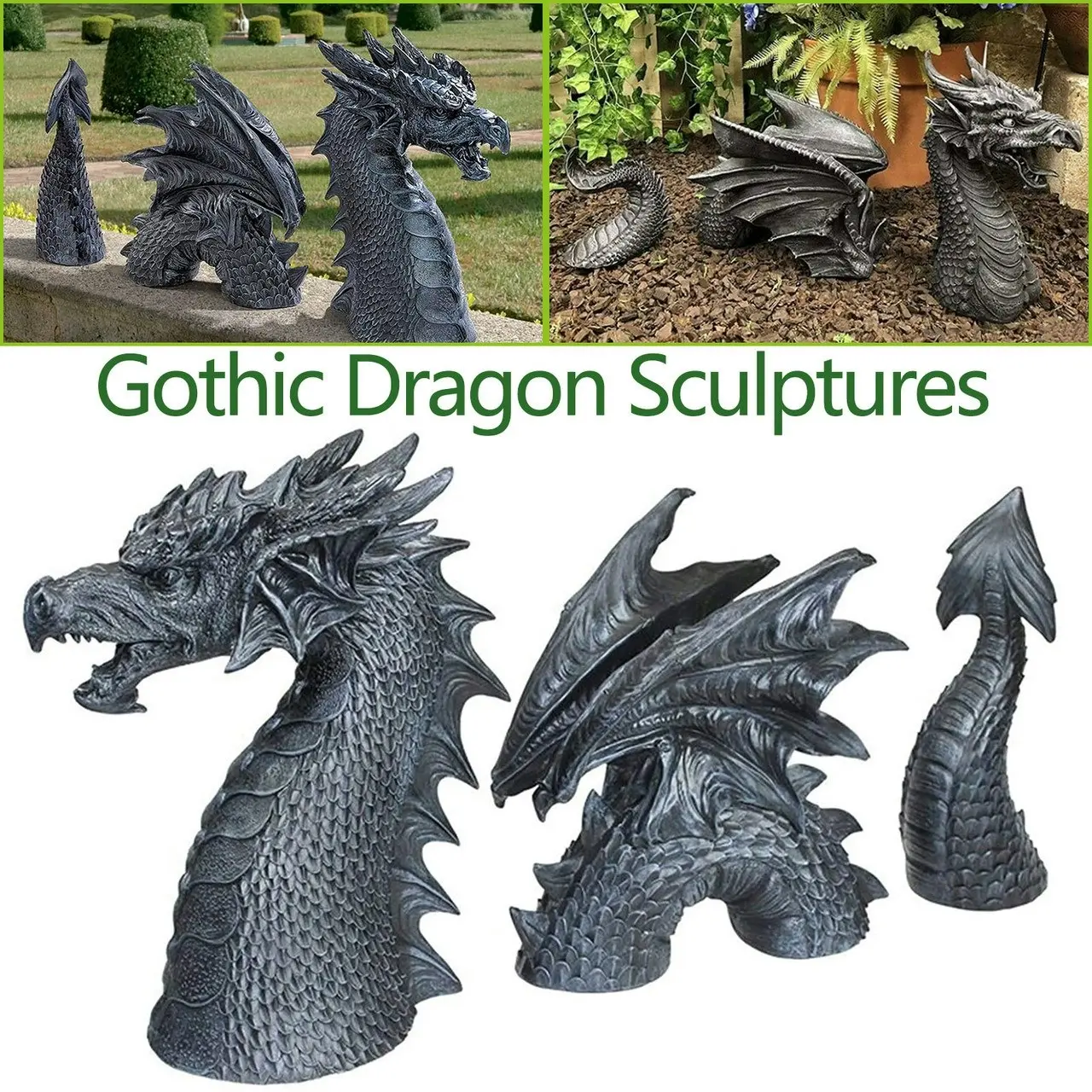 3pc Gothic Dragon Statue Lawn Garden Sculpture Decoration