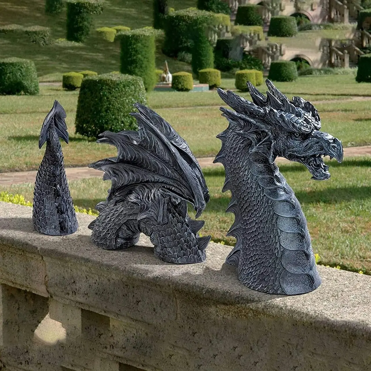 3pc Gothic Dragon Statue Lawn Garden Sculpture Decoration