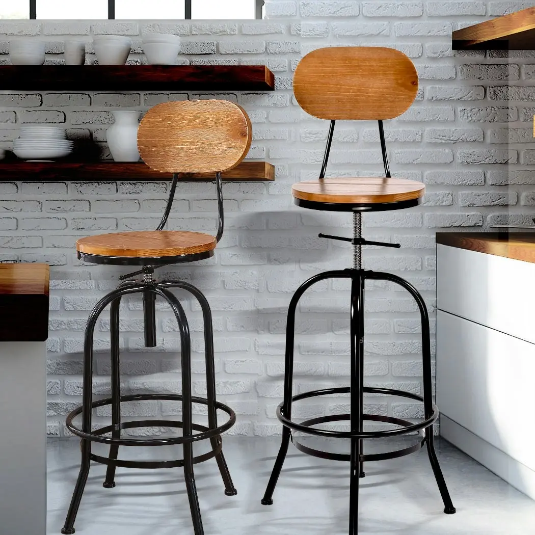 Levede 2x Bar Stools Industrial Kitchen Stool Wooden Barstools Swivel Vintage