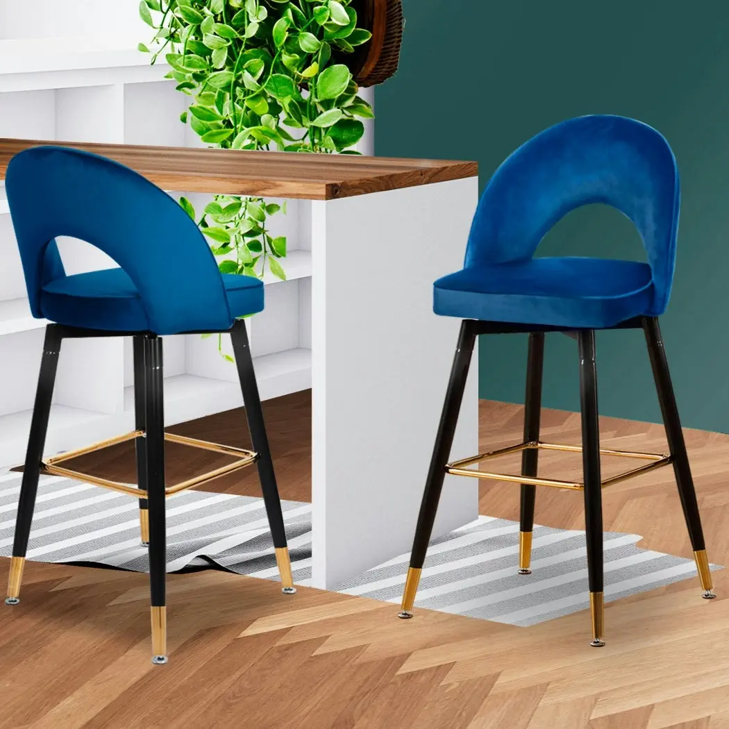 Levede 2x Bar Stools Kitchen Stool Chairs Velvet Swivel Barstools Luxury Blue