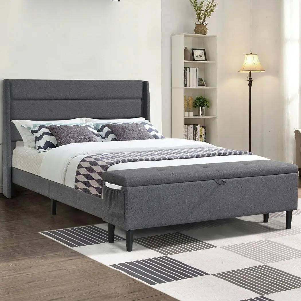 Levede Queen Storage Bed Frame Ottoman Fabric Mattress Base Wooden Platform