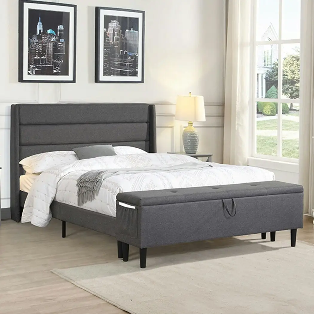 Levede Queen Storage Bed Frame Ottoman Fabric Mattress Base Wooden Platform