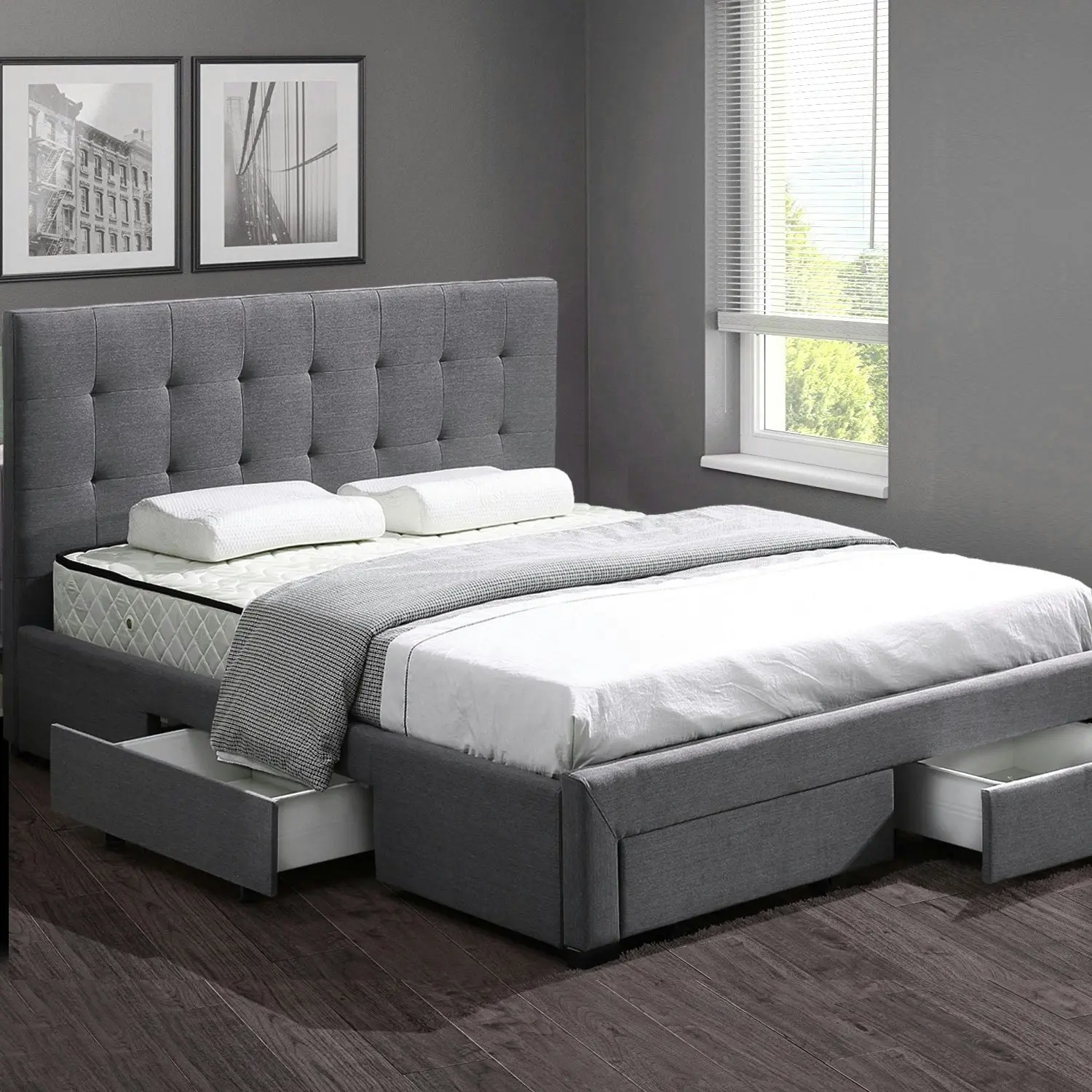 Levede Queen Bed Frame Fabric Tufted 4 Drawers Storage Wooden Mattress Dark Grey