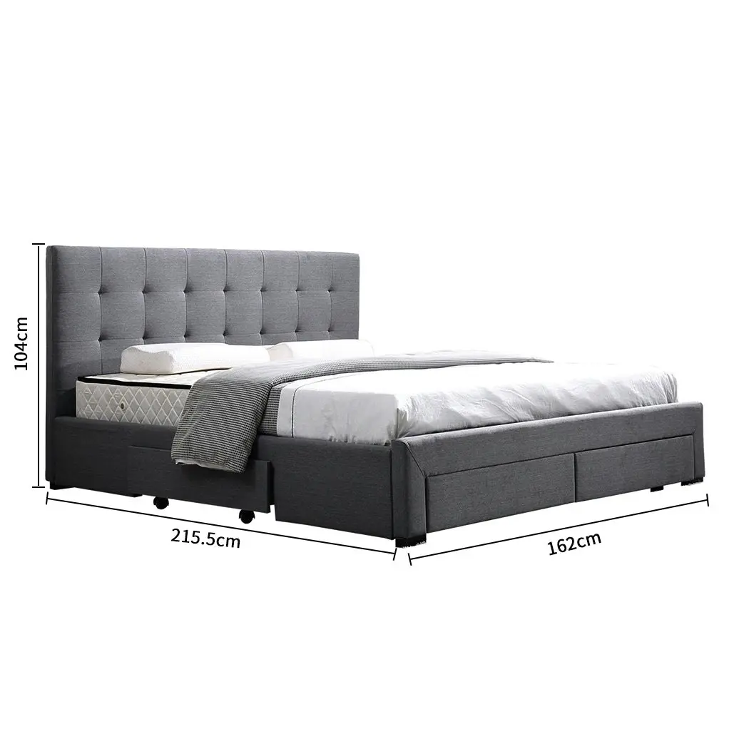 Levede Queen Bed Frame Fabric Tufted 4 Drawers Storage Wooden Mattress Dark Grey