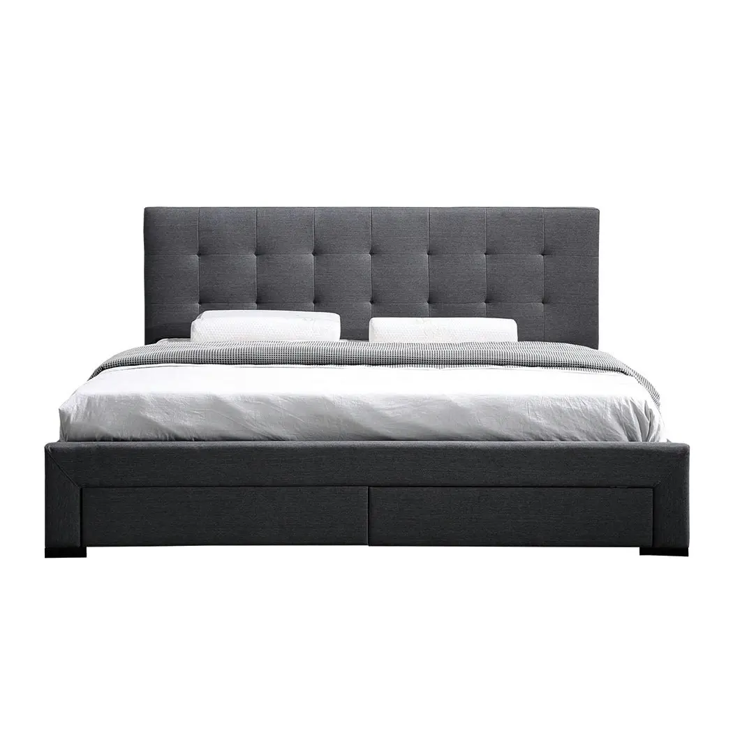 Levede Queen Bed Frame Fabric Tufted 4 Drawers Storage Wooden Mattress Dark Grey