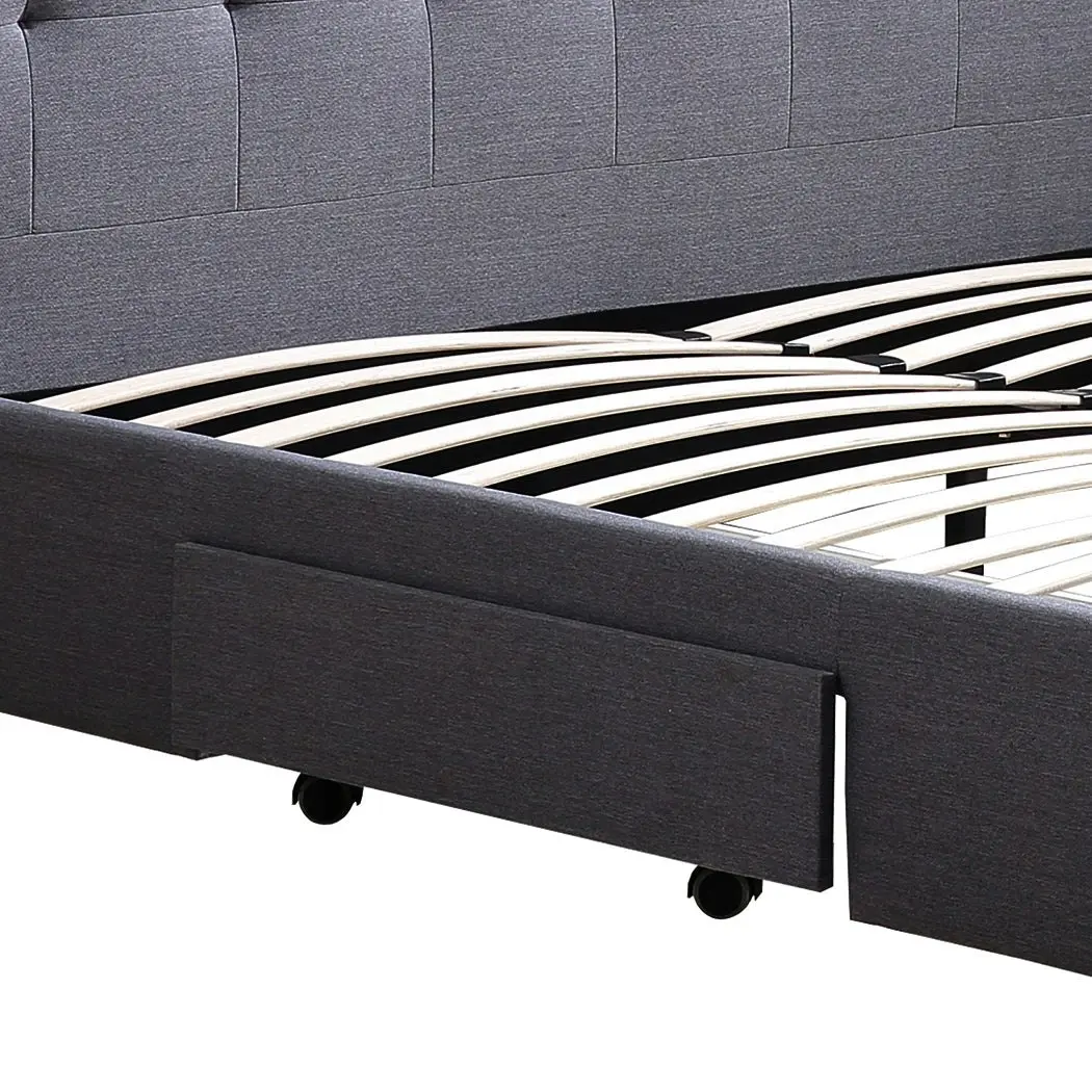 Levede Queen Bed Frame Fabric Tufted 4 Drawers Storage Wooden Mattress Dark Grey