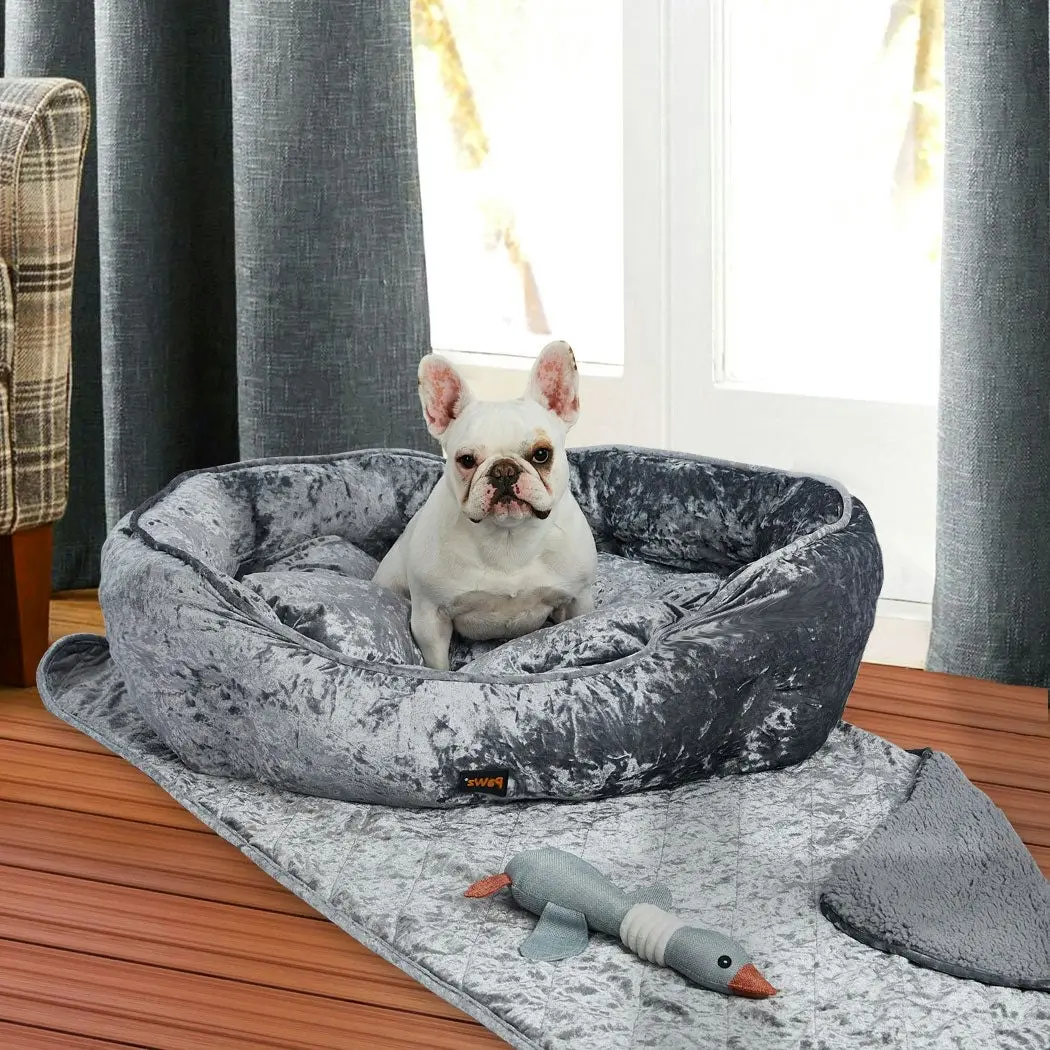 Pawz Pet Bed Set Dog Cat Quilted Blanket Squeaky Toy Calming Warm Soft Grey XL