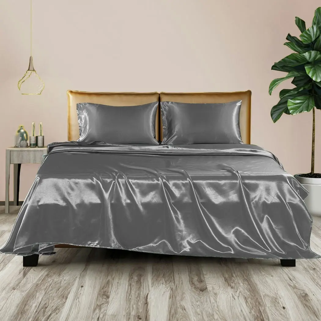 Dreamz Silky Satin Sheets Fitted Flat Bed Sheet Pillowcases Summer Double Grey