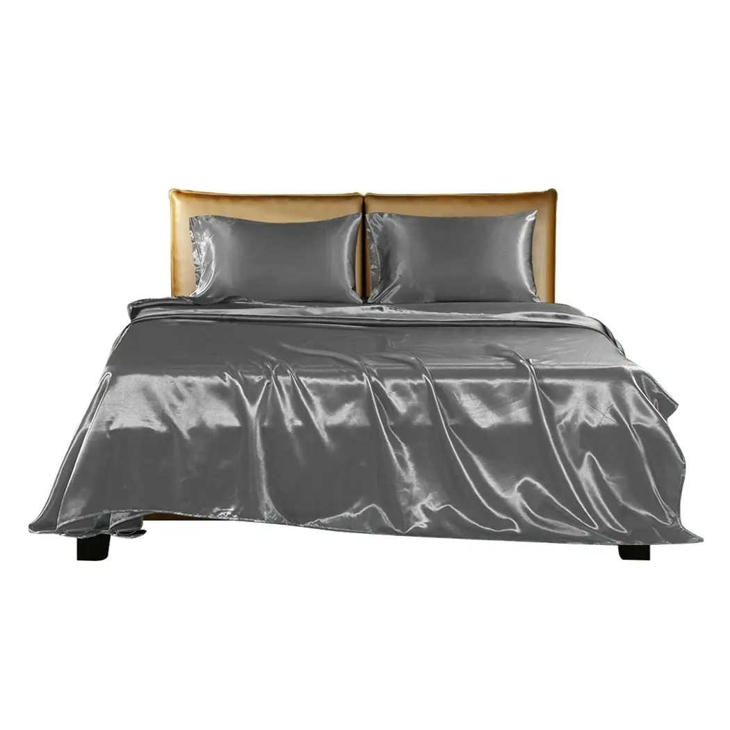 Dreamz Silky Satin Sheets Fitted Flat Bed Sheet Pillowcases Summer Double Grey