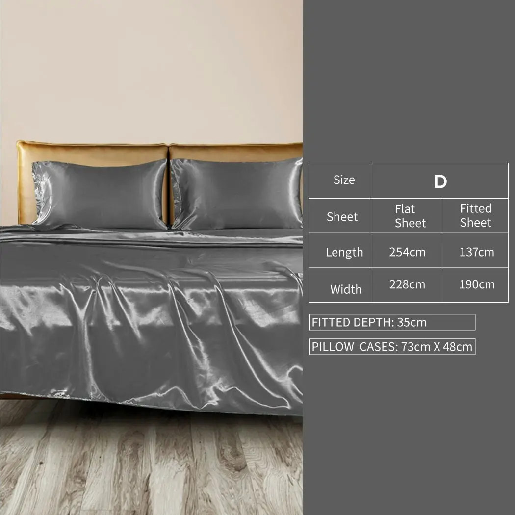 Dreamz Silky Satin Sheets Fitted Flat Bed Sheet Pillowcases Summer Double Grey