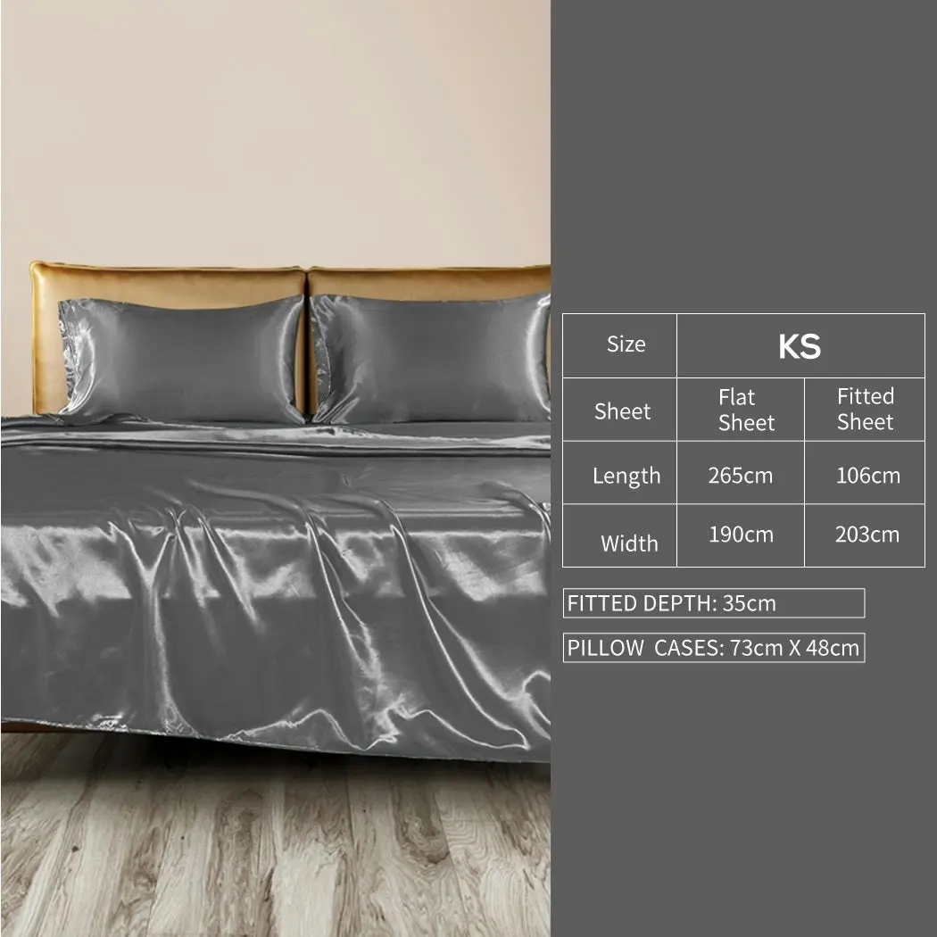 Dreamz Silky Satin Sheets Fitted Bed Sheet Pillowcases Summer King Single Grey