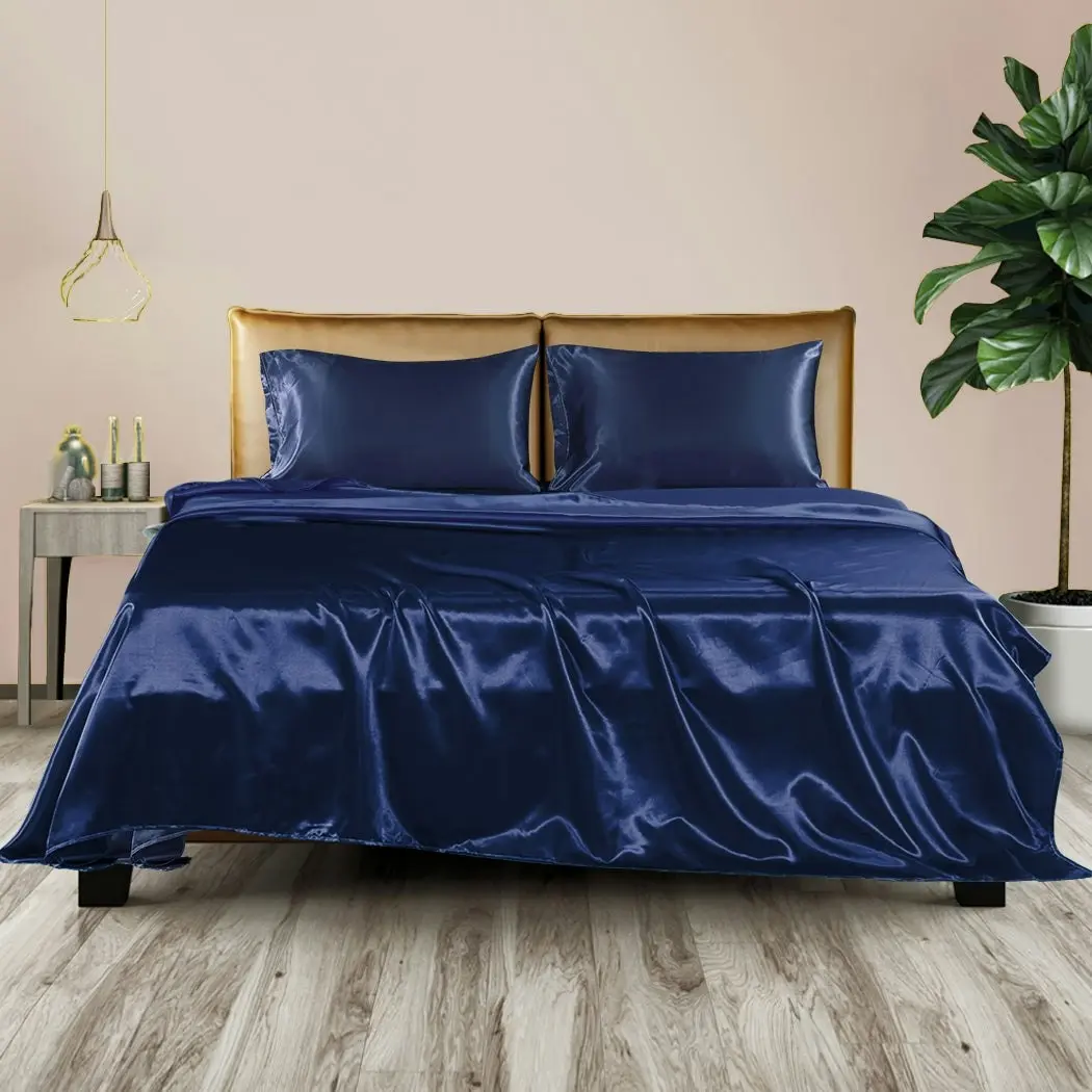 Dreamz Silky Satin Sheets Fitted Bed Sheet Pillowcases Summer King Single Blue