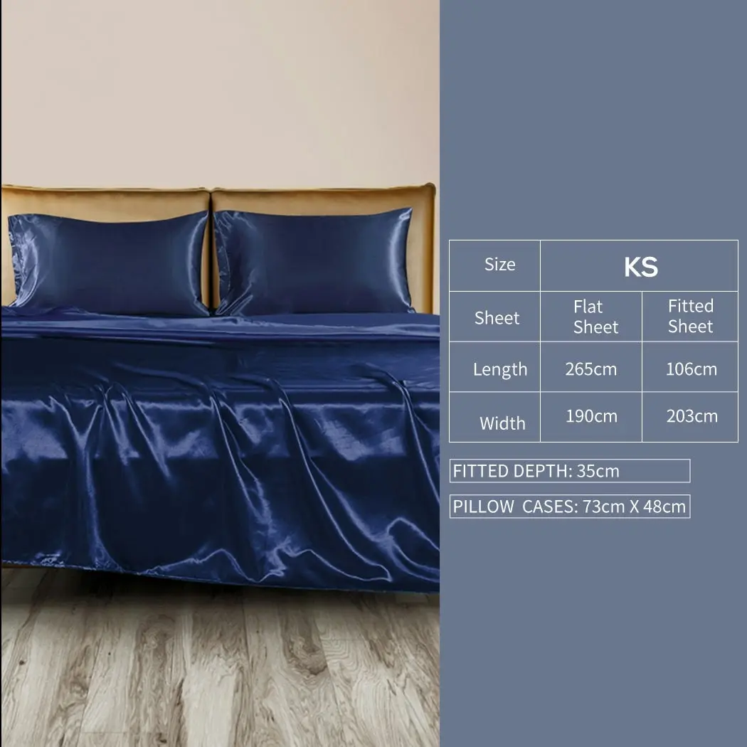 Dreamz Silky Satin Sheets Fitted Bed Sheet Pillowcases Summer King Single Blue