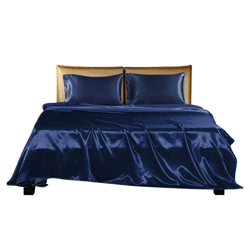 Dreamz Silky Satin Sheets Fitted Bed Sheet Pillowcases Summer King Single Blue