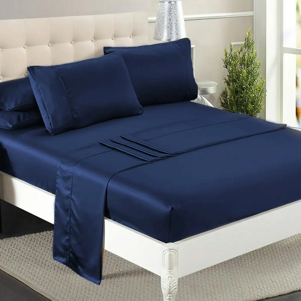 Dreamz Silky Satin Sheets Fitted Bed Sheet Pillowcases Summer King Single Blue