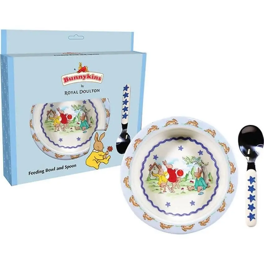 U Games - Bunnykins Feeding Bowl & Spoon – Shining Stars Design Blue By Royal Doulton