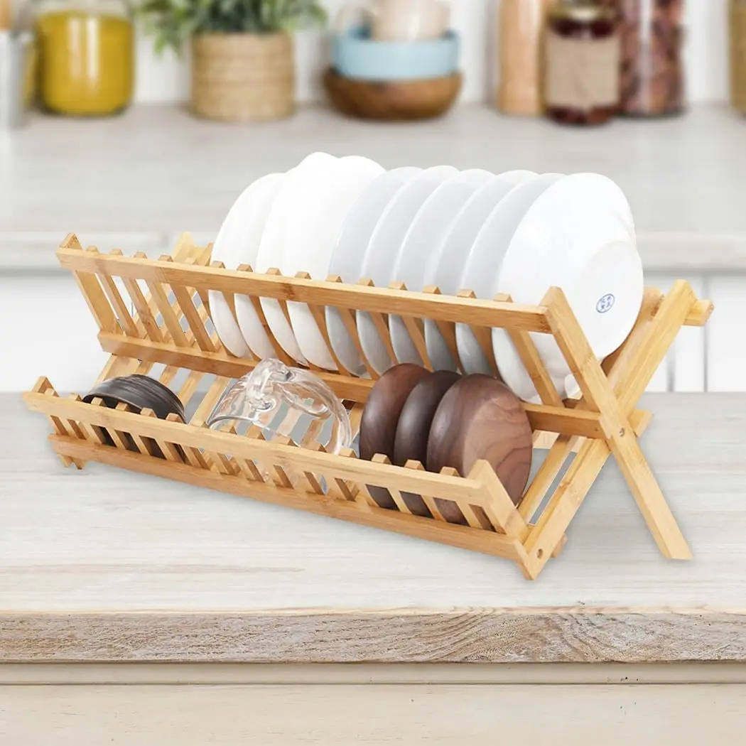 Toque Dish Rack Bamboo Foldable Drainer Drying Holder Plate Utensil Cultery Tray