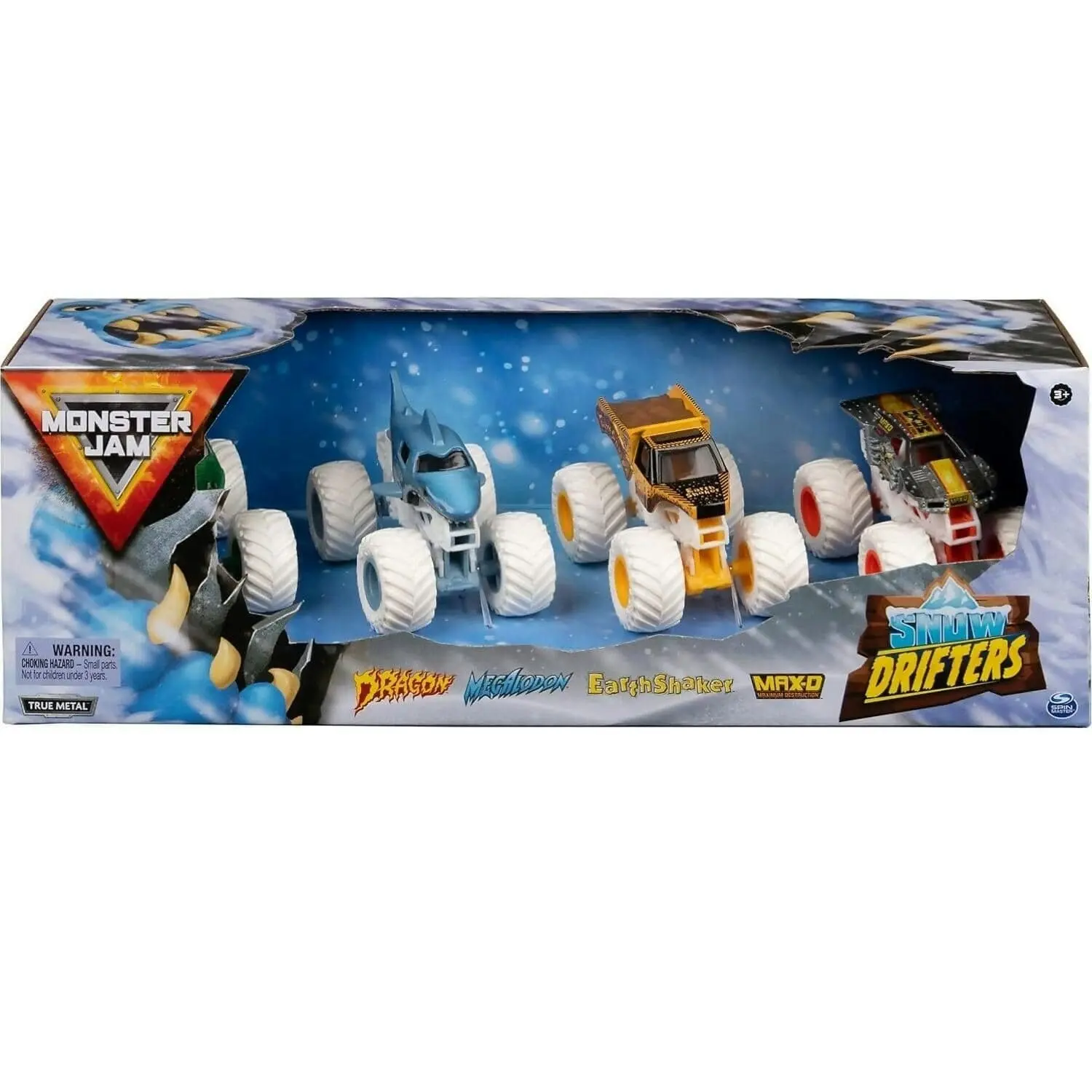 Monster Jam - Snow Drifters 4-pack Monster Trucks Official Dragon Megalodon Earth Shaker And Max-d 1:64 Scale - Spin Master