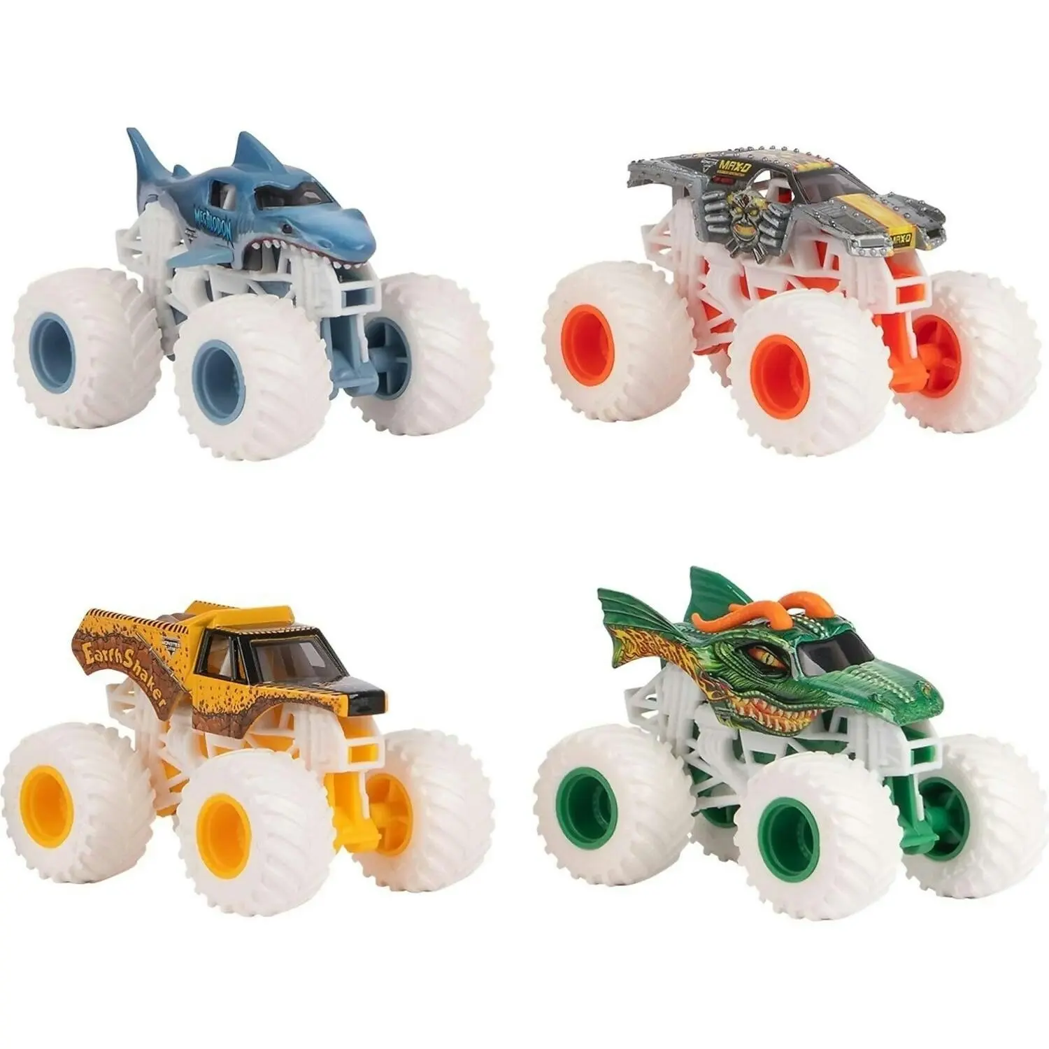 Monster Jam - Snow Drifters 4-pack Monster Trucks Official Dragon Megalodon Earth Shaker And Max-d 1:64 Scale - Spin Master