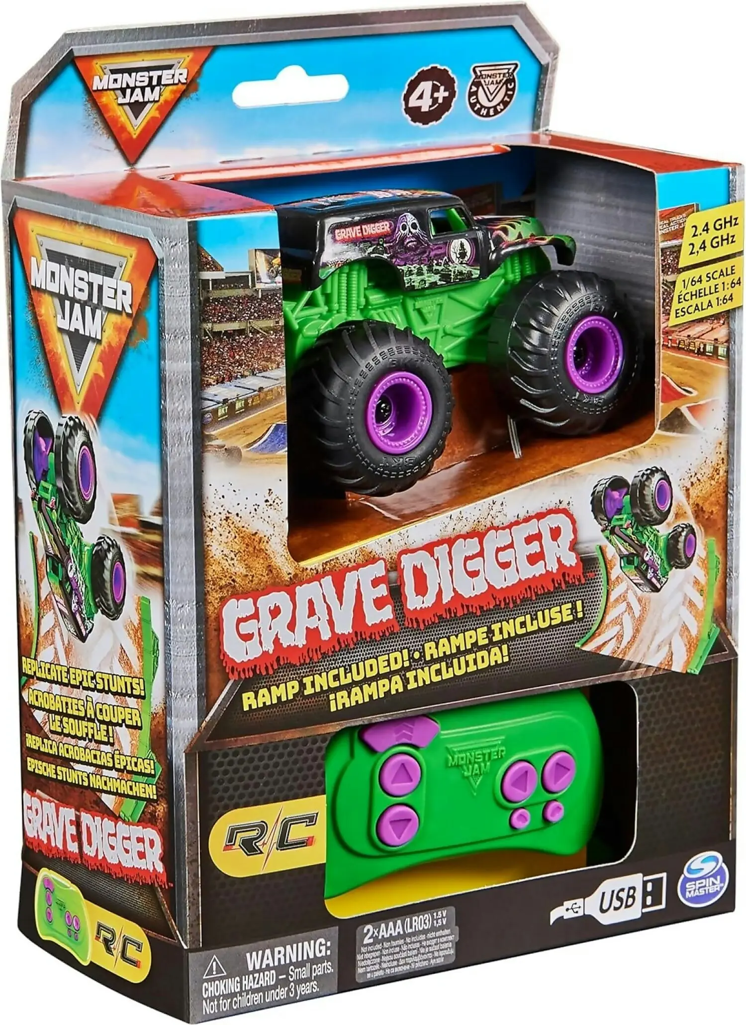 Monster Jam - Grave Digger Remote Control Monster Truck 1:64 Scale Includes Ramp Rc Cars Kids Toys For Boys And Girls Ages 4 And Up - Spin Master