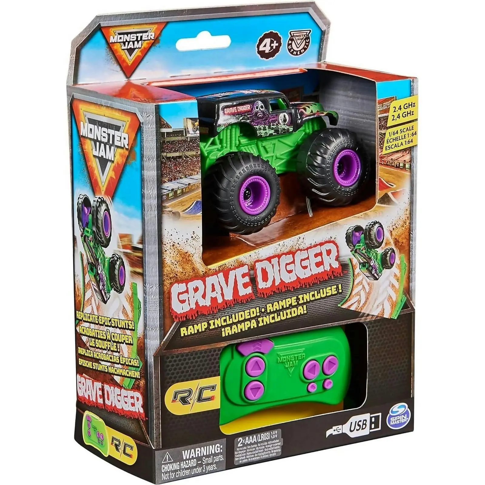 Monster Jam - Grave Digger Remote Control Monster Truck 1:64 Scale Includes Ramp Rc Cars Kids Toys For Boys And Girls Ages 4 And Up - Spin Master