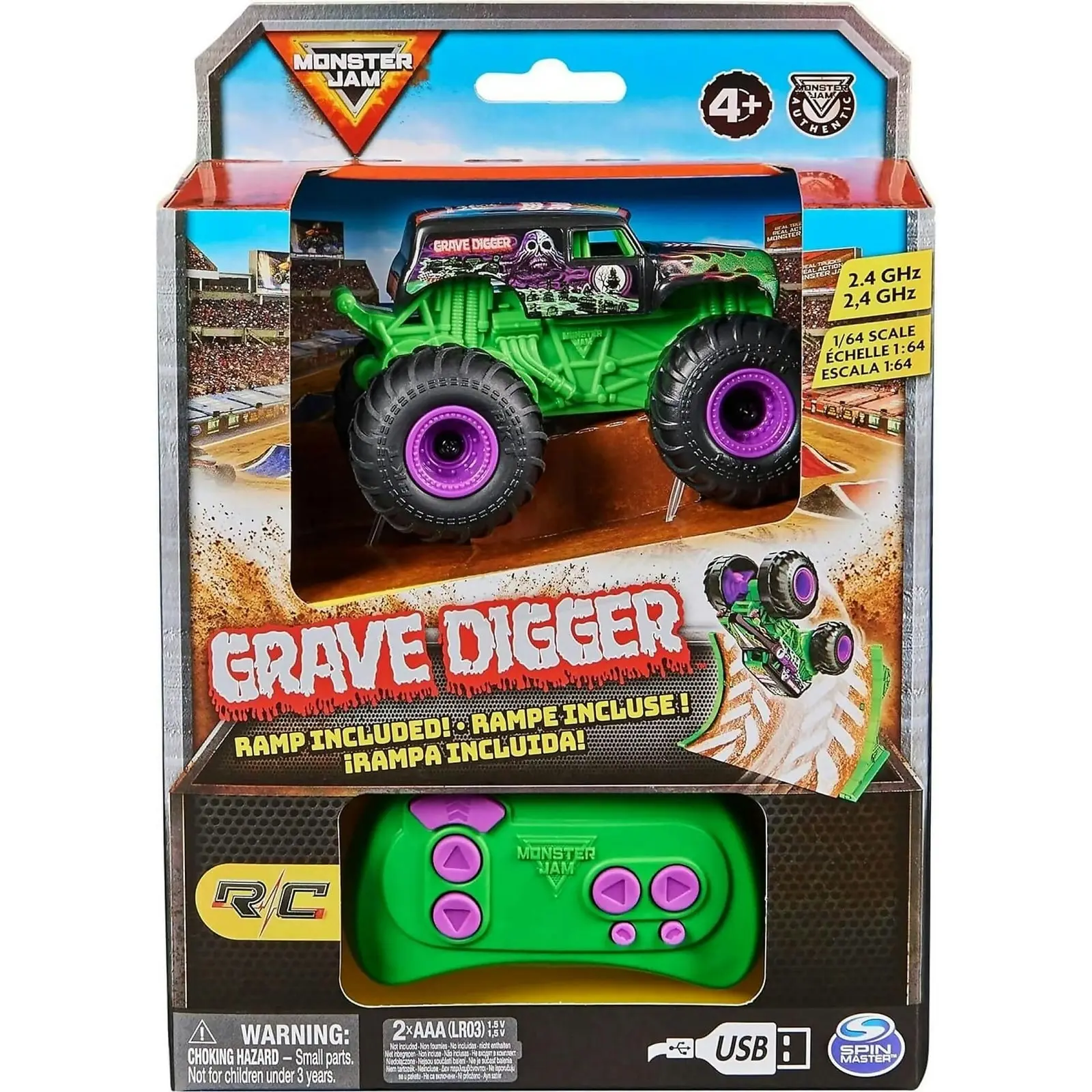 Monster Jam - Grave Digger Remote Control Monster Truck 1:64 Scale Includes Ramp Rc Cars Kids Toys For Boys And Girls Ages 4 And Up - Spin Master