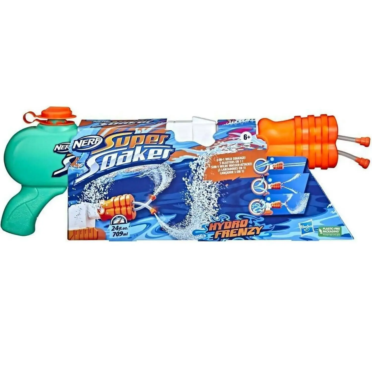 Nerf - Super Soaker Hydro Frenzy Water Blaster Wild 3-in-1 Soaking Fun Adjustable Nozzle 2 Water-launching Tubes - Hasbro