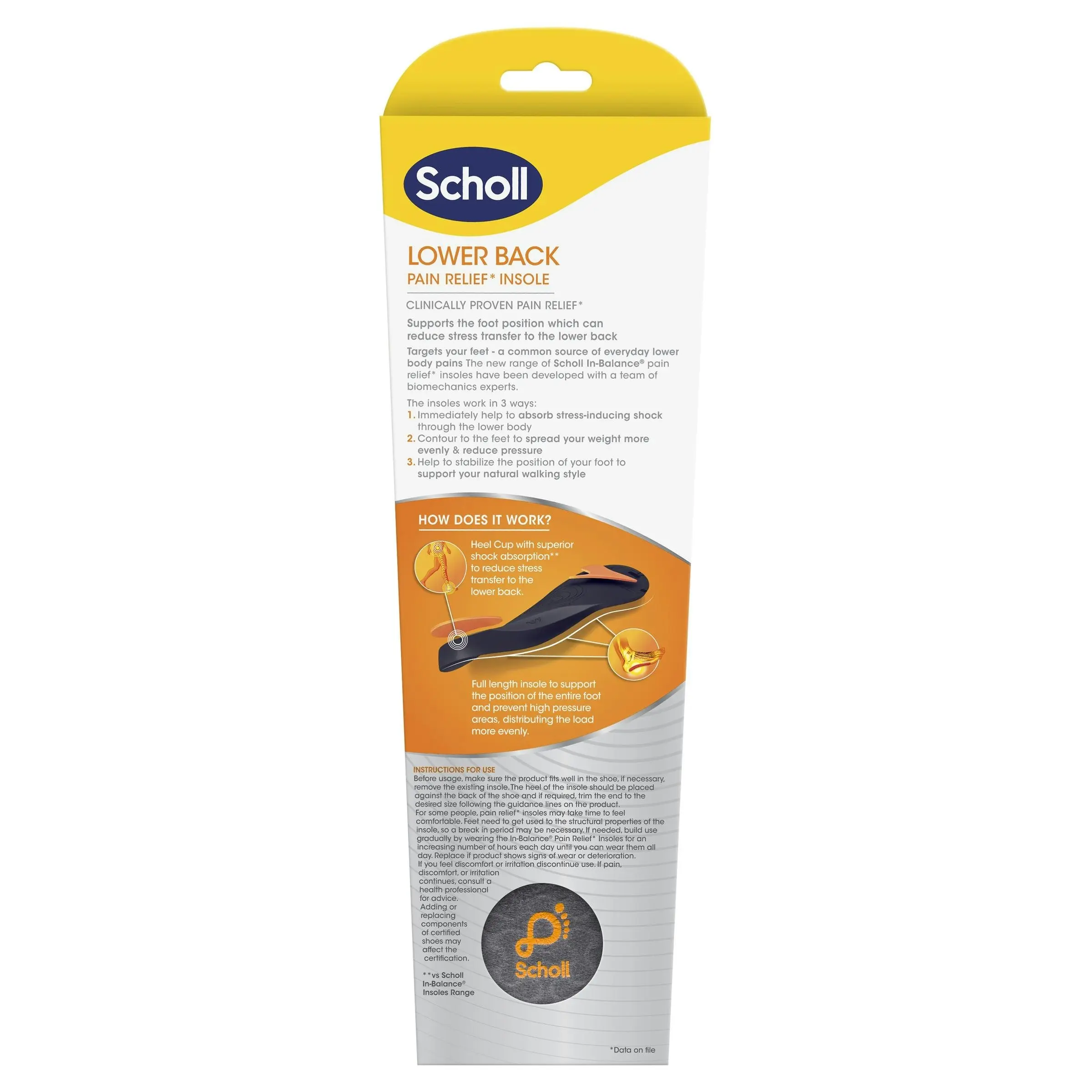 Scholl In-Balance Orthotic Lower Back Insole Large Size 9 - 11 1 Pair