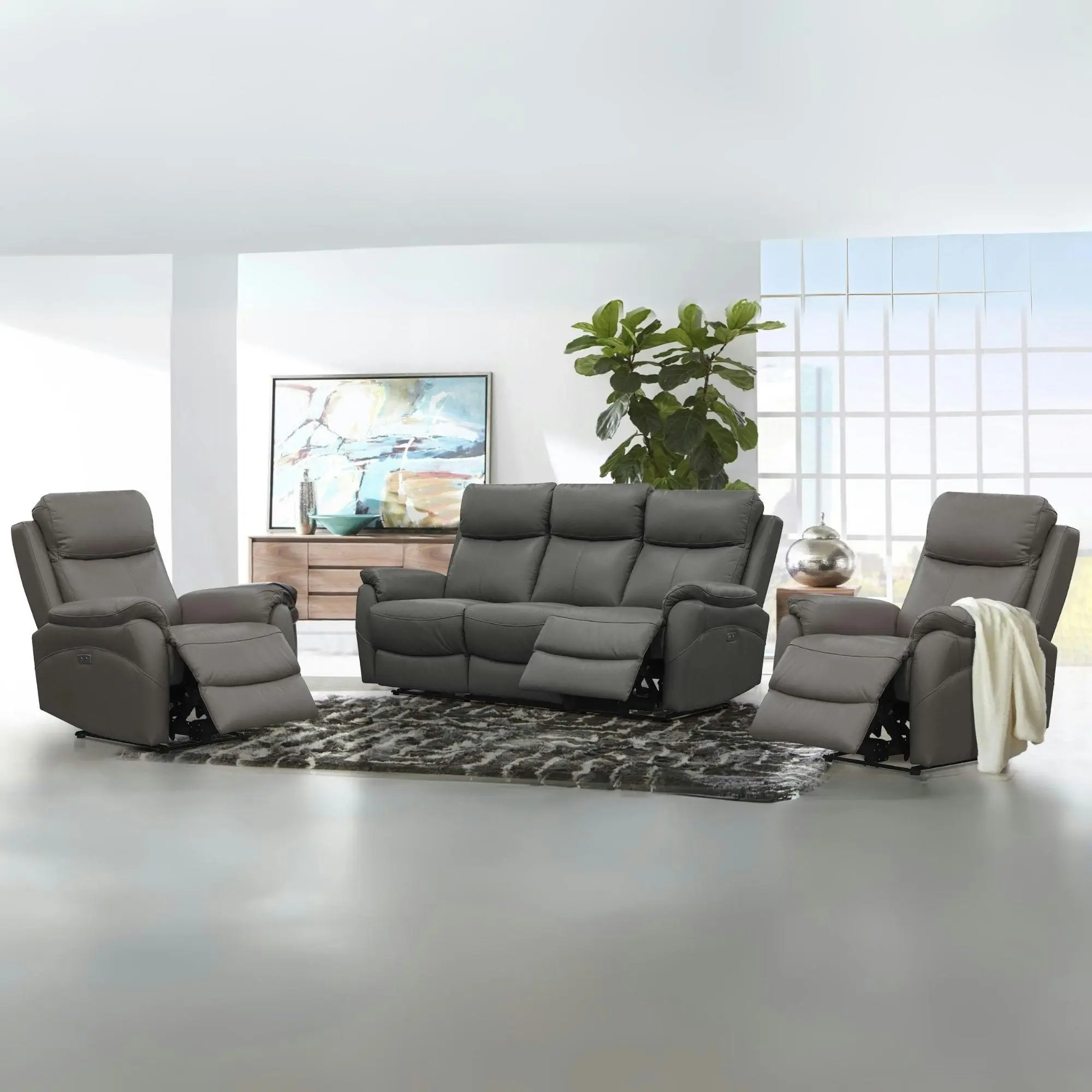 Berkeley 3+1+1 Electric Leather Recliner Sofa Set Gunmetal